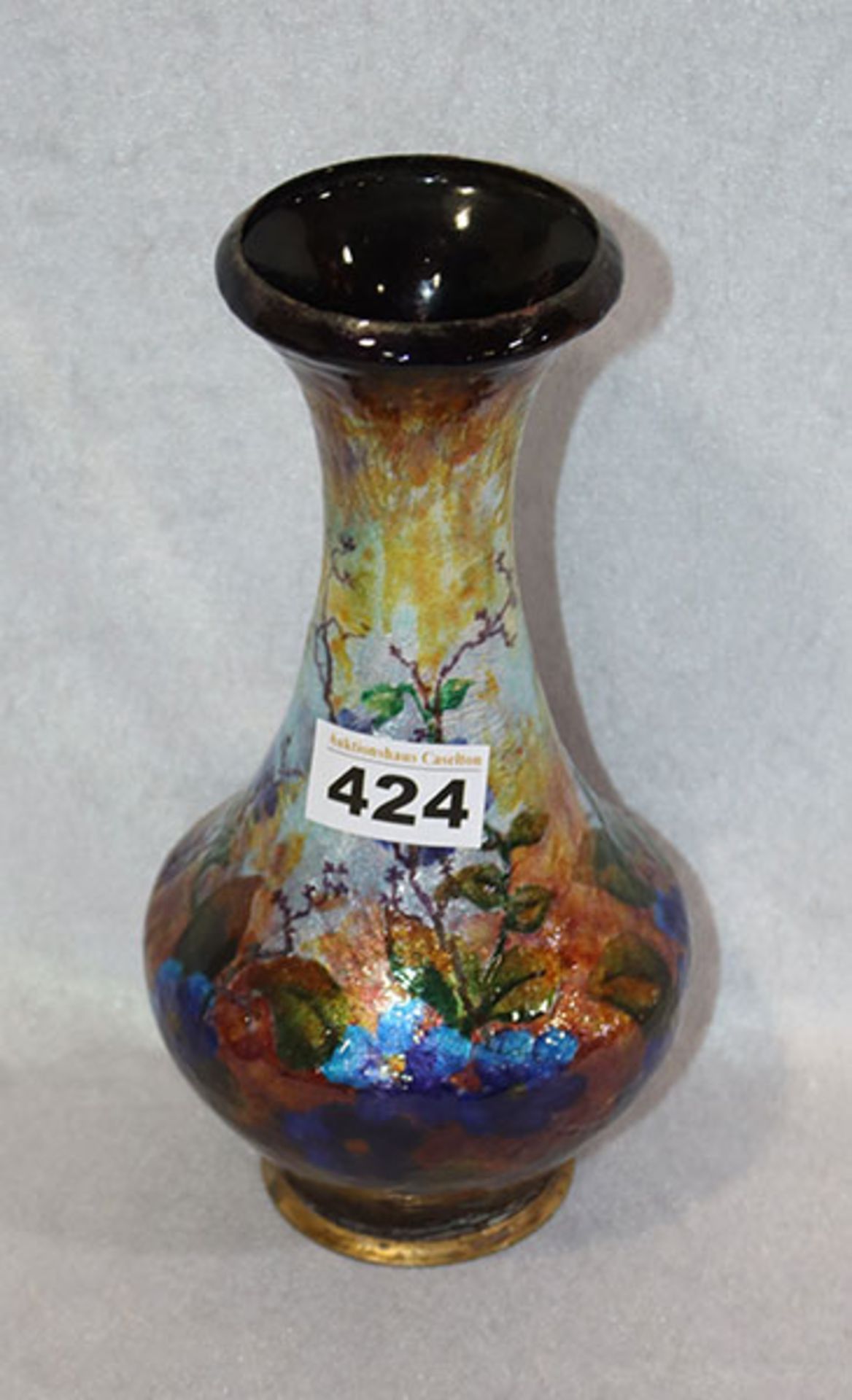 Metall Vase mit buntem Emaildekor, Blumen, H 23,5 cm, teils bestossen, Gebrauchsspuren