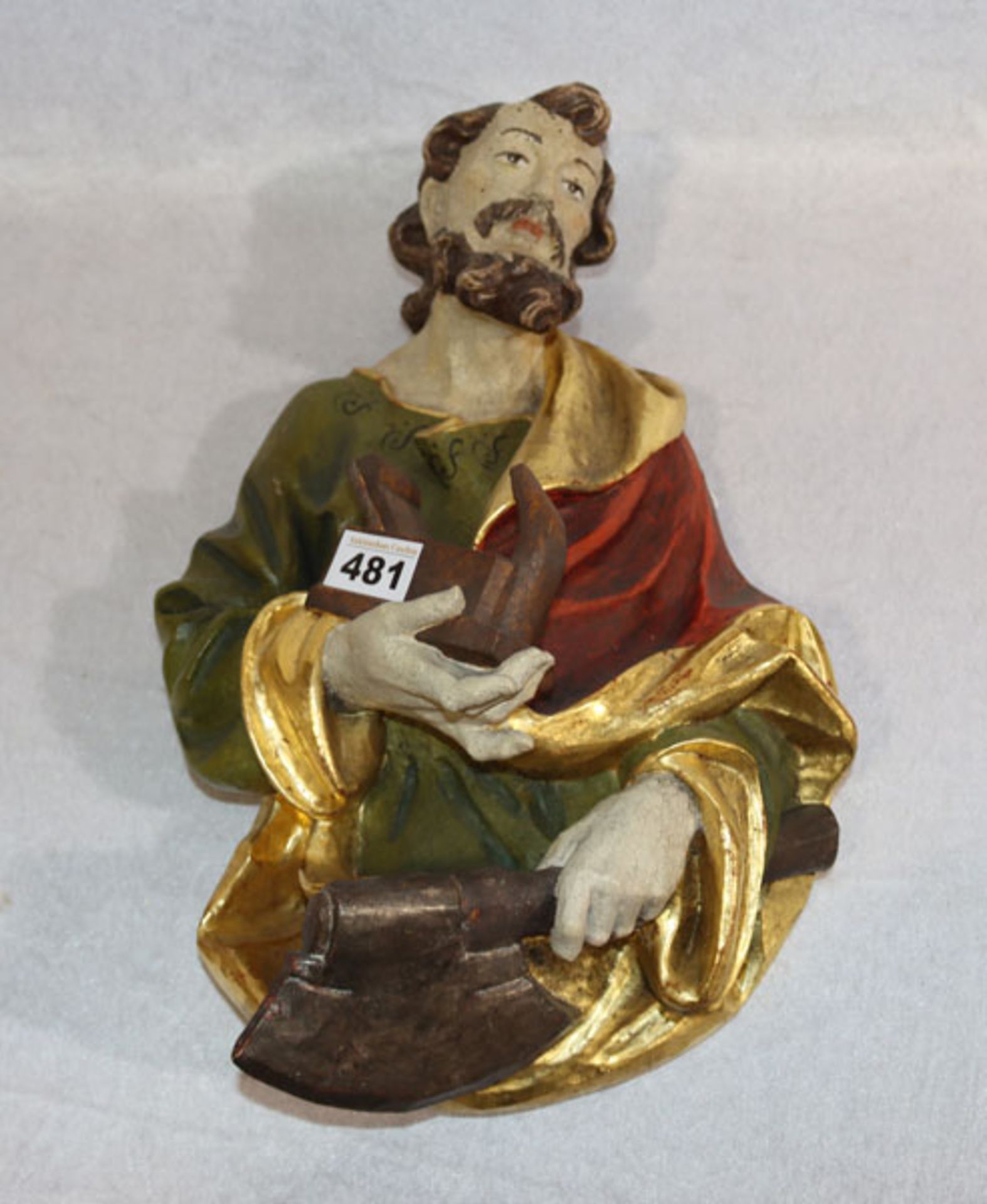 Holz Wandrelief 'Heiliger Josef', farbig gefaßt, rückseitig mit Klebeetikett Holzschnitzerei W.- und