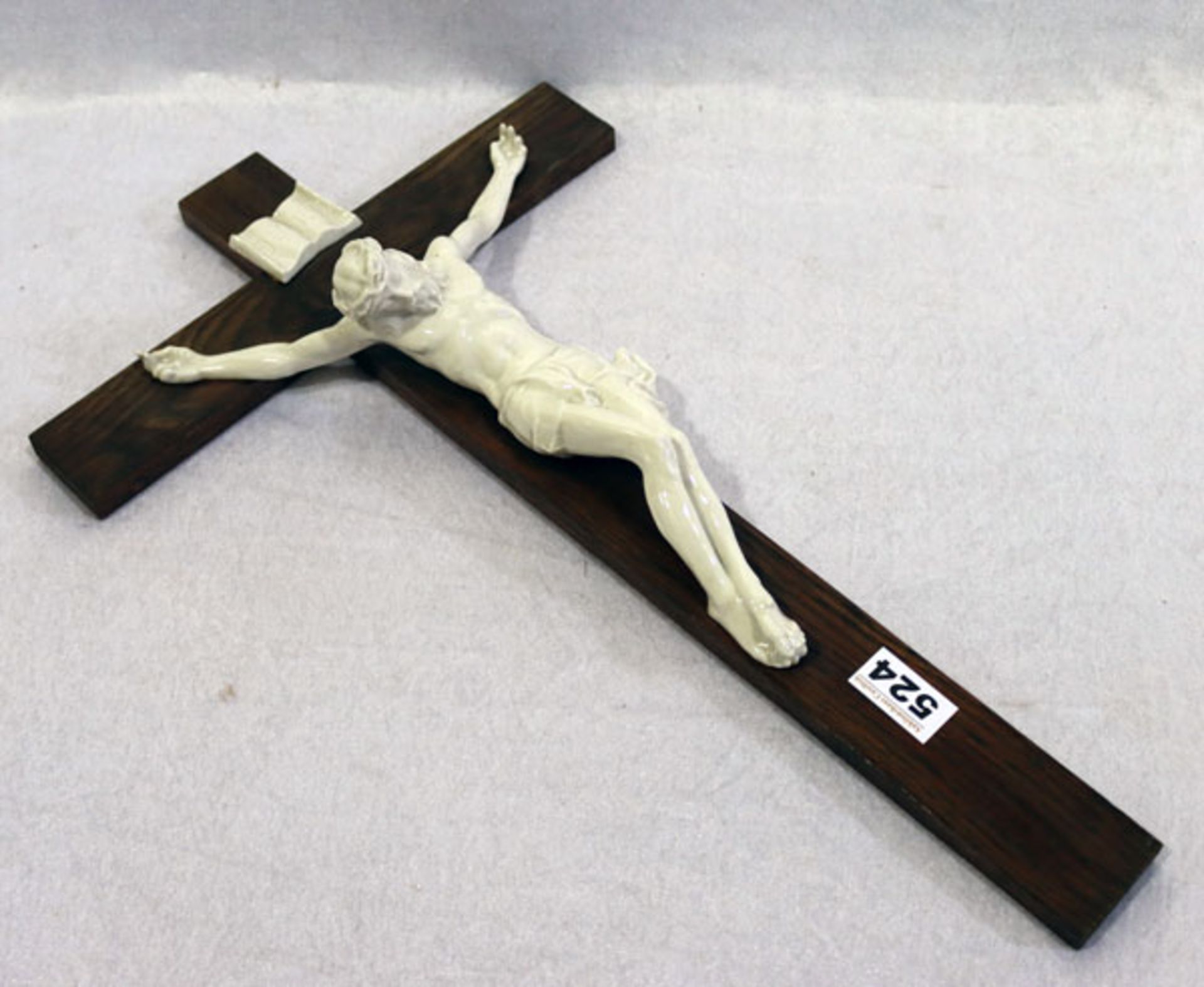 Holzkreuz mit Porzellan Korpus und Schild 'INRI', H 53 cm, B 32 cm