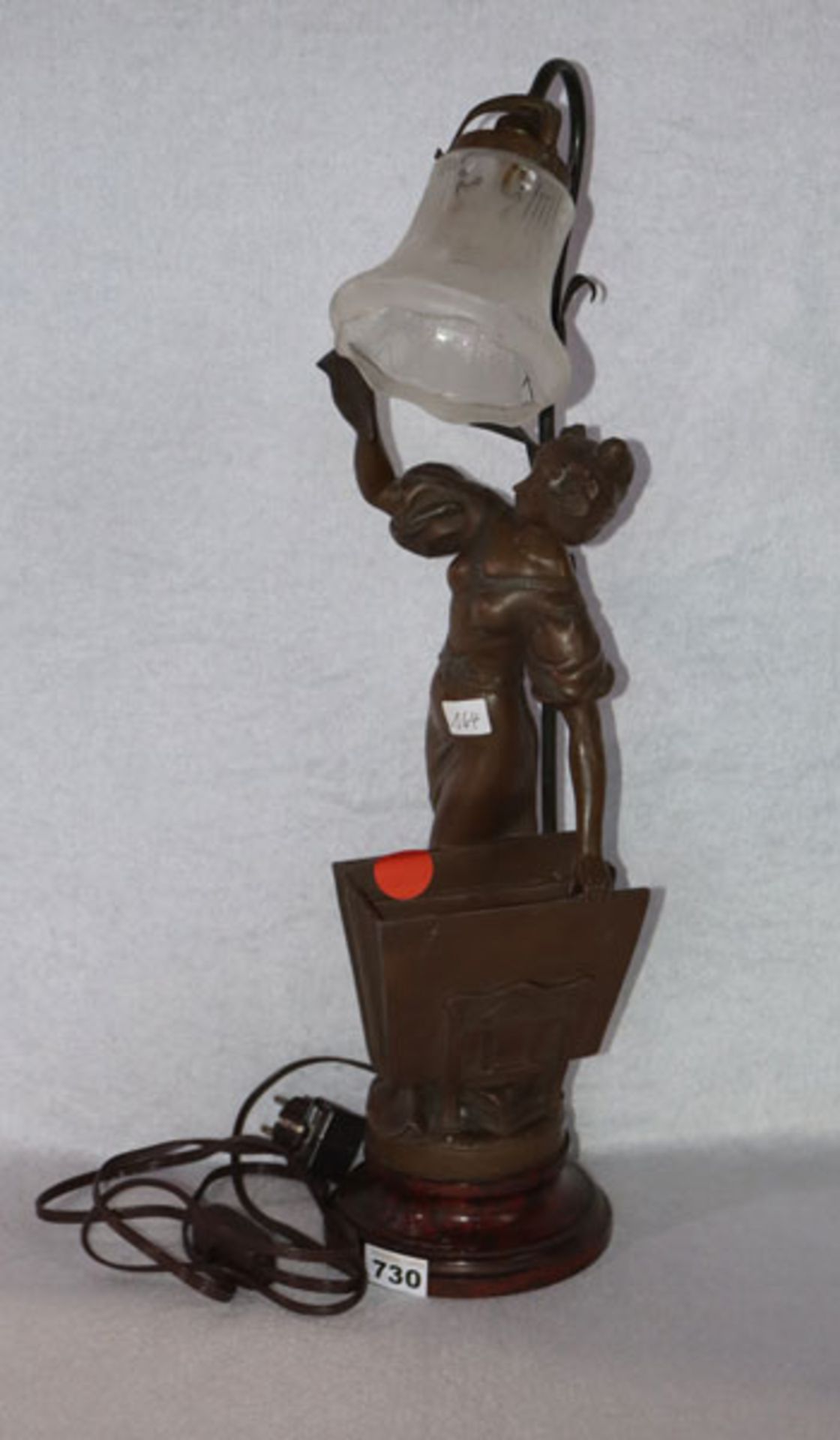 Bronze Tischlampe in Form eines lesenden Mädchens mit Briefständer, bez. Perron, H 62 cm mit Sockel