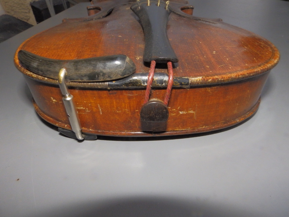 An antique violin with 13" two piece back and bow in wooden case. - Image 10 of 10