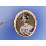 A 19thC oval gold brooch set with a painted miniature portrait of a young woman in ermine stole,