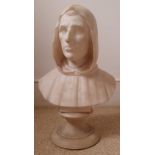 A carved alabaster must depicting a hooded male, 16.5" high.