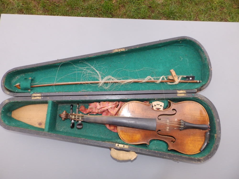 An antique violin with 13" two piece back and bow in wooden case. - Image 3 of 10