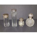 A Victorian London silver topped cut glass spherical scent bottle, 3.8" high and three others. (4)