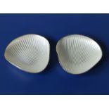 A small pair of Danish Sterling silver dishes with striated white enamel interiors, 4" across.