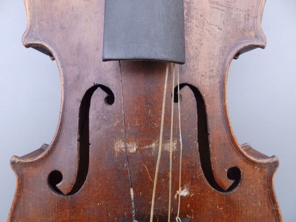 An antique violin with 13" two piece back and bow in wooden case. - Image 6 of 10