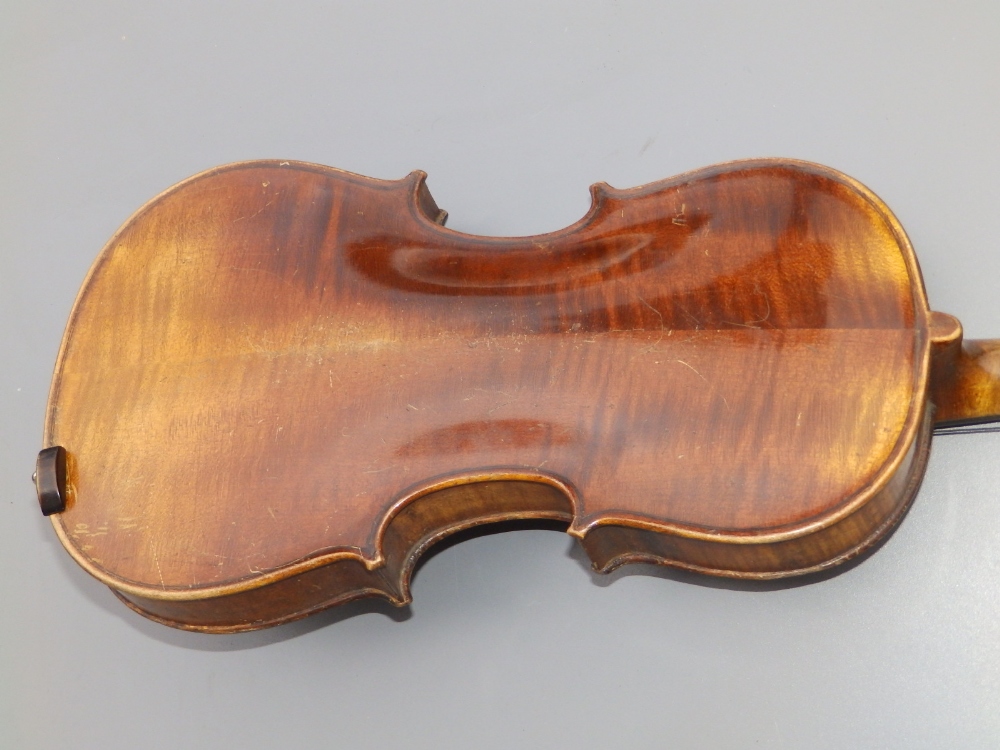 An antique violin with 13" two piece back and bow in wooden case. - Image 8 of 10