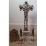 An antique wooden crucifix with metal Christ figure, 16" high, together with two metal figures of