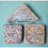 Three medieval glazed pottery tiles, the squares 4.25" - a/f,