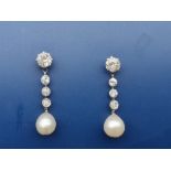 A pair of Edwardian old cut diamond & natural saltwater pearl drop earrings , each comprising four