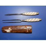 A late 18th/early 19thC hunting trousse, having spiral turned bone handles, in leather sheath, the