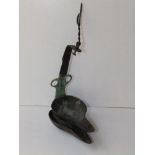 A bronze folding hanging oil lamp, 13" overall.