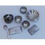 A Birmingham silver card case, a vesta, a pair of salts and four other items. (8)