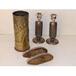 A pair of WWI grenade trench art candlesticks, a model tank and a 'Cambrai' shell vase. (4)