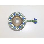 A Norwegian enamelled silver tea strainer decorated bluebells on white ground, engraved '