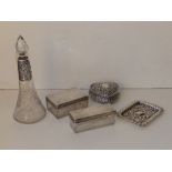 A heart shaped embossed silver box - Chester 1896, a small Birmingham tray, a scent bottle and two