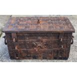 A 17thC iron Armada chest, Width 25", Depth 15", Height 15" - with restoration to underside.