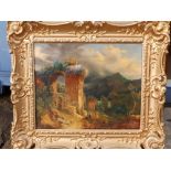 19thC School - oil on canvas - Continental landscape with ruined building and figures,