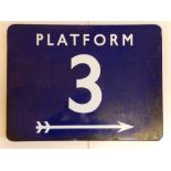 A mid 20thC dark blue enamel railway sign - 'Platform 3', inscribed 4468 to verso, 18" x 23.5".
