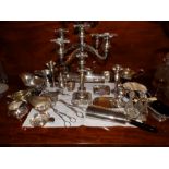 An EP five-light candelabra, two pairs of grape scissors and other items. Separate viewing