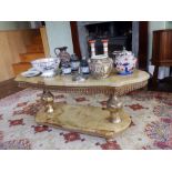 A reproduction gilt metal & onyx two tier occasional table, Width 46". Separate viewing arrangements