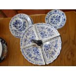 Three Meissen onion pattern blue & white tea plates - reject marks and nine other pieces of blue &