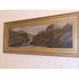 Late 19thC School - a large oil on board - Moorland river with cottage to left, 18" x 58" Separate