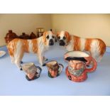 A Royal Doulton Falstaff character jug D6287, two small Poacher jugs D6464 and a pair of late