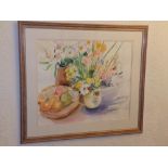 Toni Hazelwood - a modern watercolour still life study of fruit & flowers together with a pair of