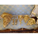 A pair of gilt metal candle brackets, 13" high, a reproduction gilt wall bracket, 18" high and a