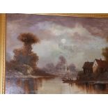 Late 19th/early 20thC School - oil on board - Moonlit river scene with distant figure on boat &