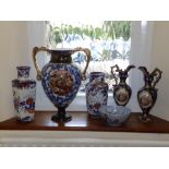 Two 'Bangkok' pattern vases, an Arcadian lustre bowl, a pair of decorated ware jugs and a 16" high