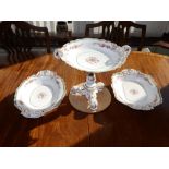 A Victorian Copeland porcelain comport, 12.5" across handles and two matching dishes. (3) Separate
