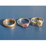 A 22ct gold wedding band - Birmningham marks. Finger size K, together with a 9ct gem set ring and an