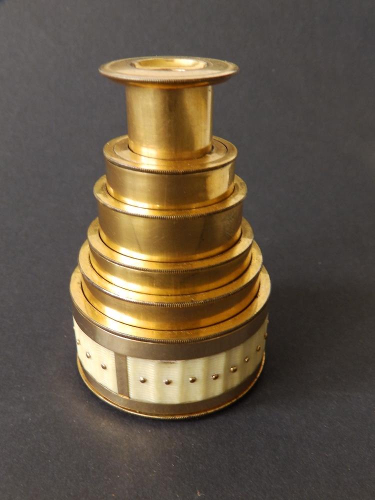 A 19thC cased six-drawer gilt brass & ivory monocular with gold pique decoration, 3.75" extended. - Image 3 of 4