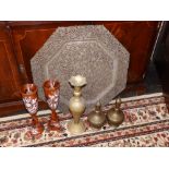 An Eastern openwork brass octagonal tray, a pair of vases and three other items. (6) Separate