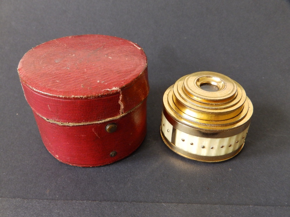 A 19thC cased six-drawer gilt brass & ivory monocular with gold pique decoration, 3.75" extended. - Image 2 of 4