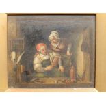 Late 19thC Continental School - small oil on board - Old couple in a rustic interior, 6" x 7.5".