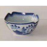 A 19thC Chinese blue & white porcelain square bowl, decorated landscape with pagodas & boating, 9.8"