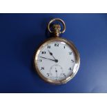 A 9ct gold open faced pocket watch, the case 2" diameter - hairline cracks to dial.