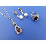 A pair of pearl drop earrings, an imitation ruby & diamond ring and a pendant necklace. (4)