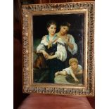 A 19thC continental painted porcelain plaque depicting two young peasant women with an infant at a