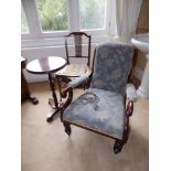 A low Victorian upholstered armchair, an occasional chair - a/f and a circular tripod table. (3)