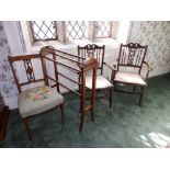 A pair of open occasional armchairs, an inlaid occasional chair and an inlaid mahogany towel