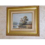 A small modern oil on canvas river landscape signed Wilson and three other small modern oil