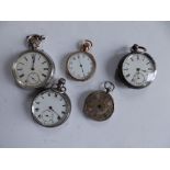 Four silver pocket watches & a gold plated pocket watch (5) - a/f.