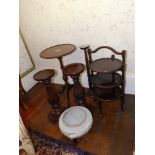 A pair of fluted mahogany pedestals, 22" high, an inlaid tripod table, a cakestand and two other