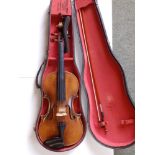 A viola & bow in case, the full size viola with 15.5" two piece back and bearing Stradivarius Copy