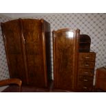 Two matching walnut veneered wardrobes and a kneehole dressing table. (3) Separate viewing